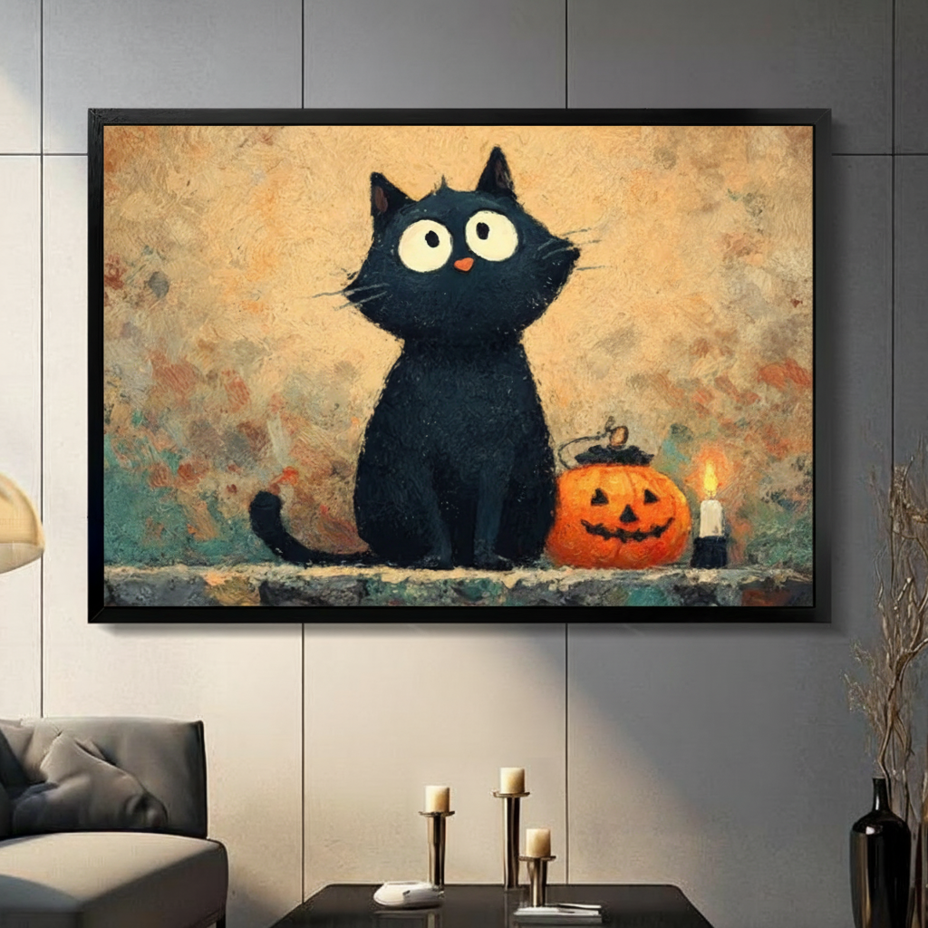Whimsical black cat with jack-o'-lantern Halloween framed canvas wall art above a dark walnut sideboard with stacked books and a succulent, gold floor lamp and olive green armchair in a modern living room