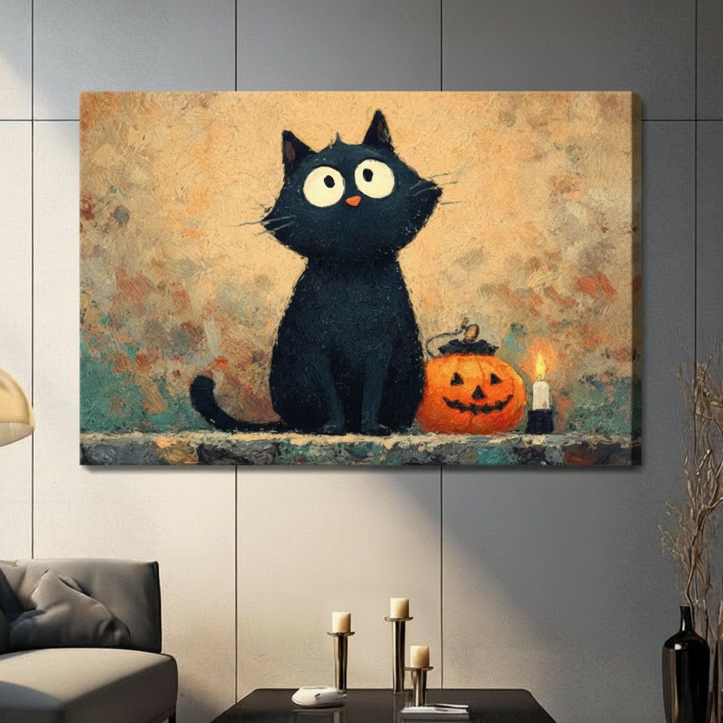 Gallery wrap stretched canvas featuring a whimsical black cat beside a glowing jack-o'-lantern and candle, vintage oil painting texture, hung on a gray paneled wall in a contemporary living room