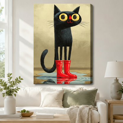 Stretched canvas wall art of a quirky slender black cat with large yellow eyes standing in a shallow puddle wearing shiny red rain boots with a mirror reflection in textured oil paint on a golden ochre background, hung in a bright living room above a cream sofa with greenery and a gray ceramic table lamp