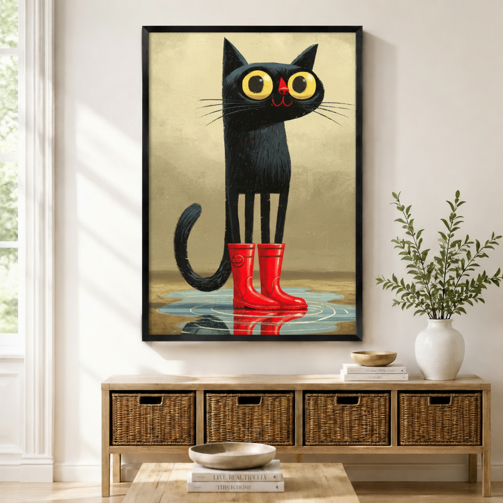Black framed whimsical big-eyed black cat wearing red rain boots canvas art with a lanky black cat with golden eyes standing in a puddle in bright red wellington boots and a visible reflection on a warm golden-brown distressed background, displayed on a light gray wall above a wooden rattan storage console with a white vase of greenery