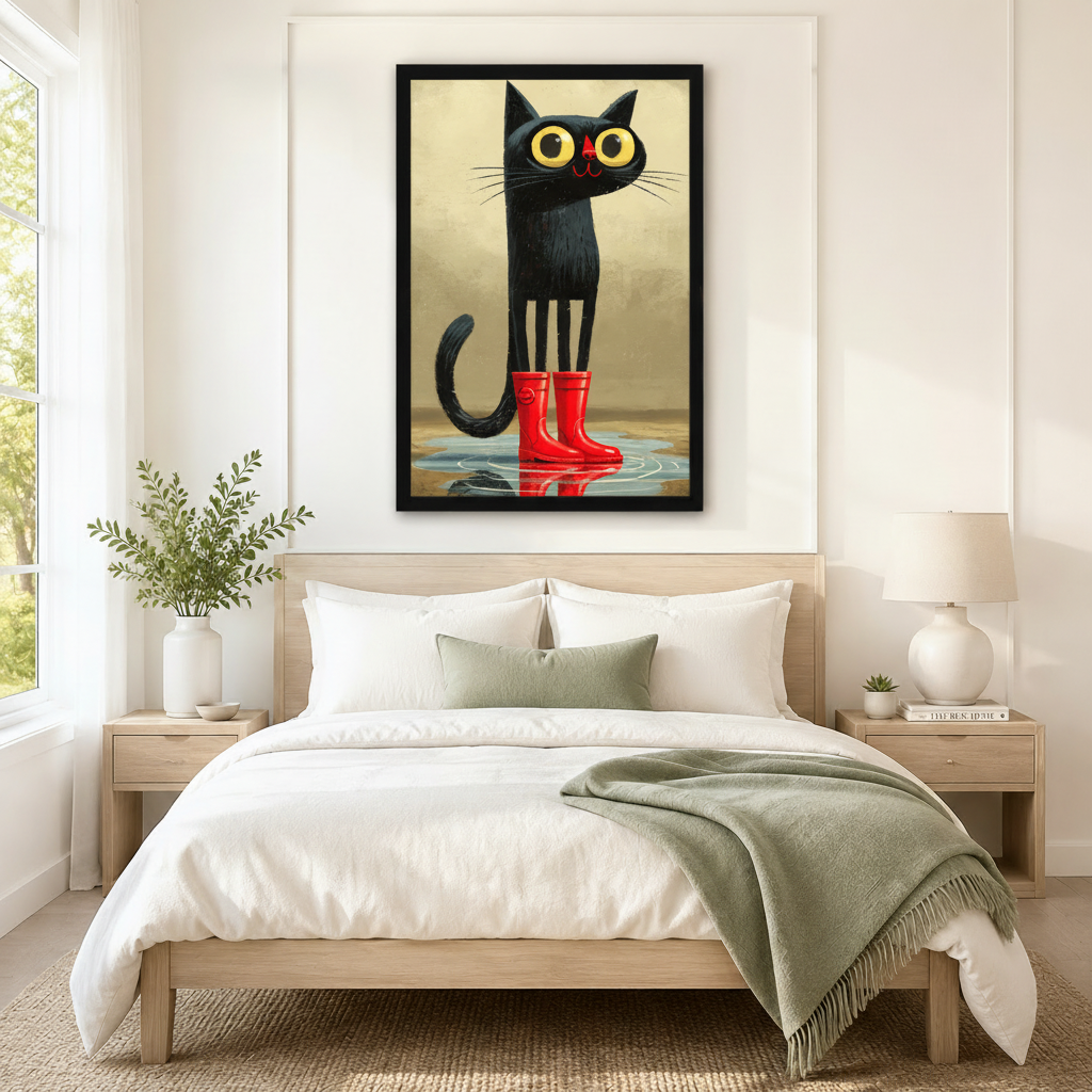 Black framed whimsical big-eyed black cat in red rain boots canvas art with a slender golden-eyed cat standing in a puddle in shiny red wellingtons and a visible reflection on a warm golden distressed background, hung above a wooden bed frame in a sun-drenched bedroom with crisp white linen bedding, a sage green throw, and a round white nightstand lamp