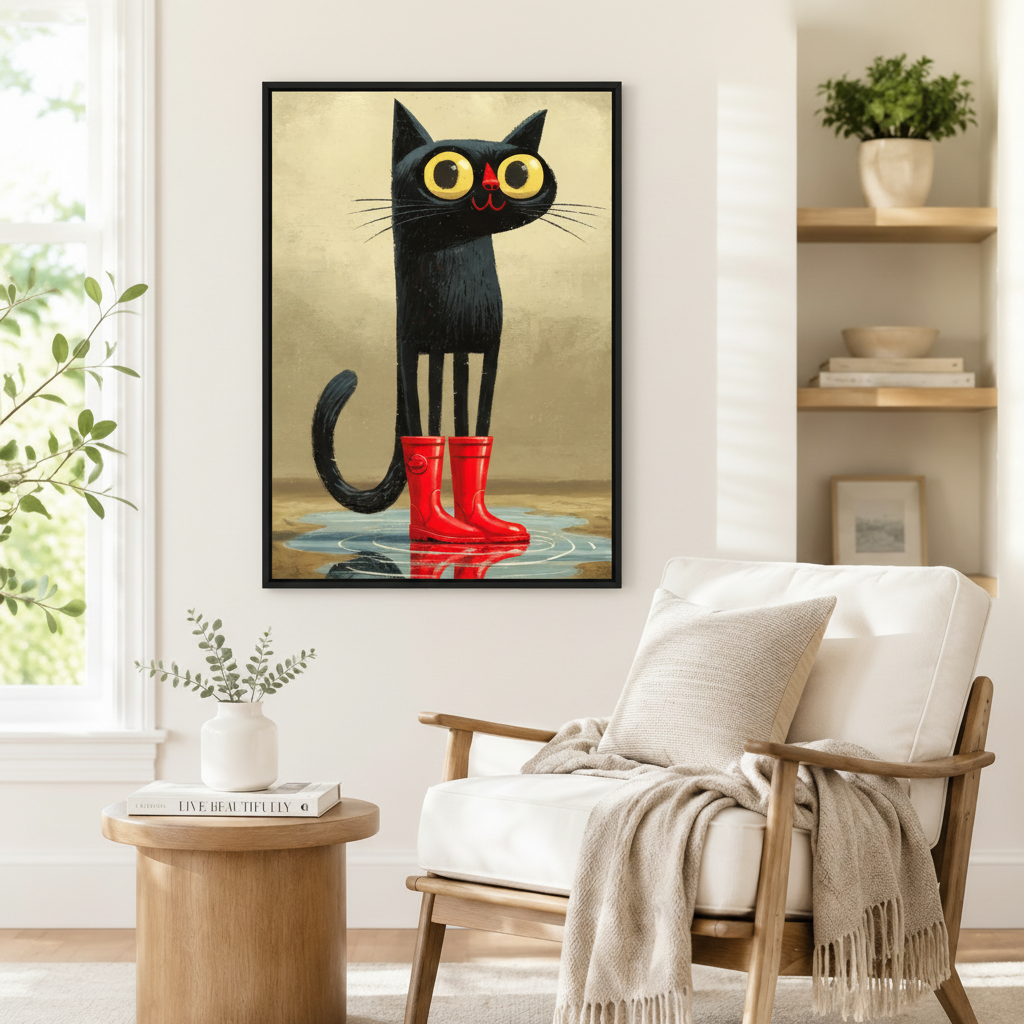 Black framed folk-style black cat in red boots canvas art showing a comical long-legged black cat with round golden eyes standing in a puddle in red wellingtons with its reflection on a warm distressed gold background, displayed on a white wall beside a light upholstered wooden armchair draped with a cream fringed throw blanket near a shelf of plants