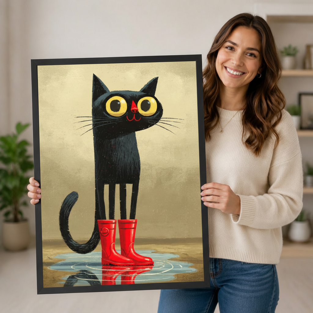 Person holding a large vertical black framed whimsical black cat wearing red rain boots canvas art print showing a lanky black cat with big yellow eyes standing in a puddle in bright red wellington boots with a clear reflection on a golden-brown oil-painted background in a bright plant-filled room