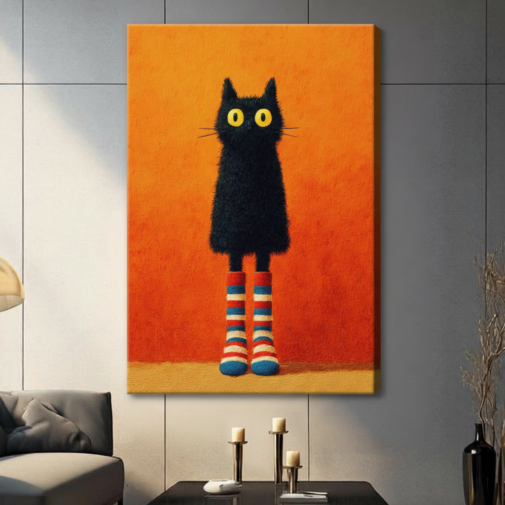 Black cat wearing red blue and white striped socks gallery wrap canvas wall art in bold oil painting style on a vivid orange background, frameless whimsical pet portrait in a contemporary living room with dark sofa and brass candle holders