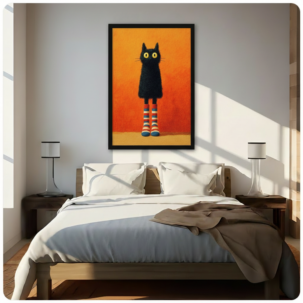 Black framed whimsical black cat with striped socks oil painting wall art above a bed with white linen bedding, a taupe throw blanket, dark walnut bed frame and nightstands, white cylindrical table lamps in a sunlit modern bedroom