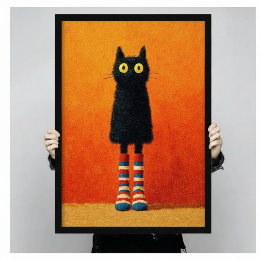 Whimsical black cat in striped socks framed wall art in a wide deep black frame held up against a light gray backdrop, bold oil painting style pet portrait with yellow eyes on a warm orange background