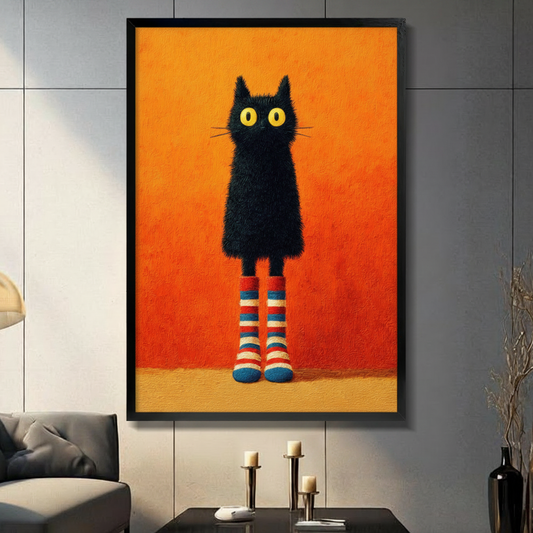 Framed whimsical black cat in colorful striped socks wall art in a deep black frame on a vibrant orange background, bold oil painting style pet portrait in a modern living room with dark gray sofa, candle holders and black ceramic vase