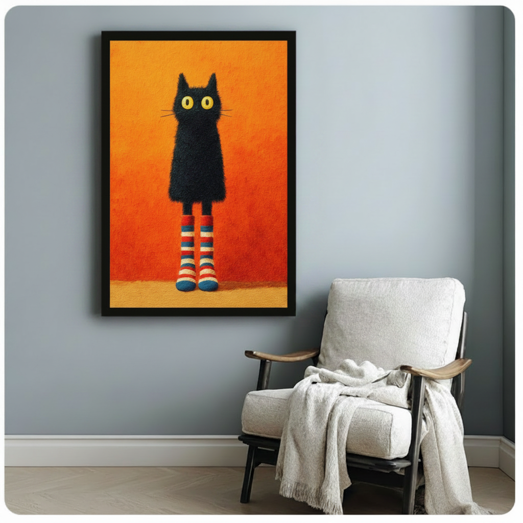 Black framed whimsical black cat with yellow eyes and colorful striped socks oil painting wall art hanging above a white linen armchair with a draped throw blanket against a soft blue-gray wall