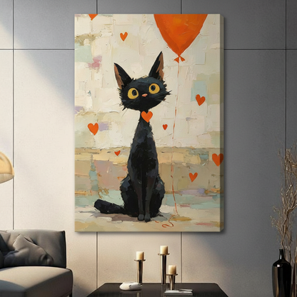 Gallery wrapped canvas of a wide-eyed black cat with an orange heart balloon surrounded by red hearts in an oil-texture style, unframed wall art on a dark grey wall above a console table with candle holders in a contemporary living room