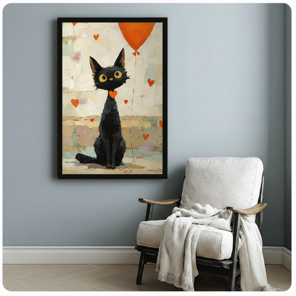 Black framed black cat balloon hearts art print hung on a light blue-grey wall beside a white linen armchair draped with a cream throw blanket, whimsical animal wall decor for a cosy reading nook or living room