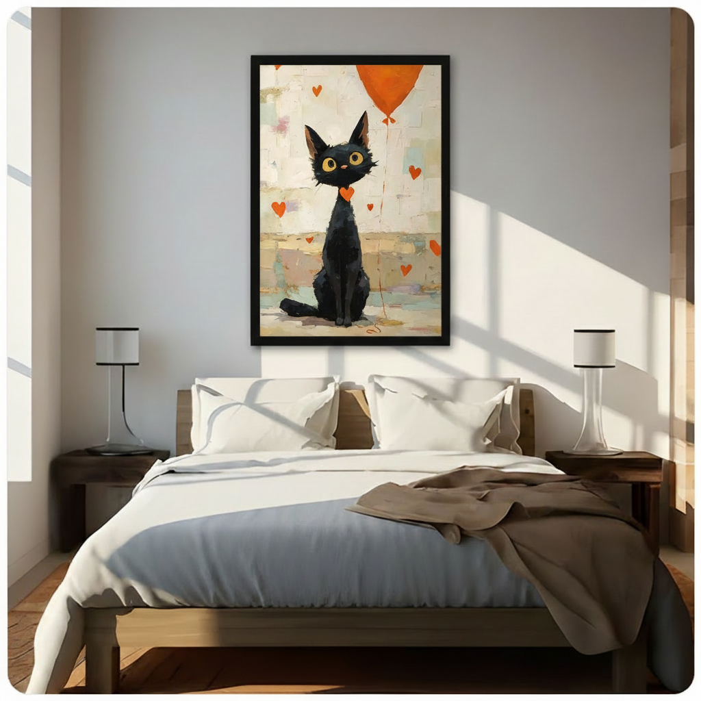 Black framed whimsical black cat with orange balloon wall art above a dark wood bed with white linen bedding, a taupe throw blanket, dark wood nightstands, and slim white table lamps in a sunlit modern bedroom