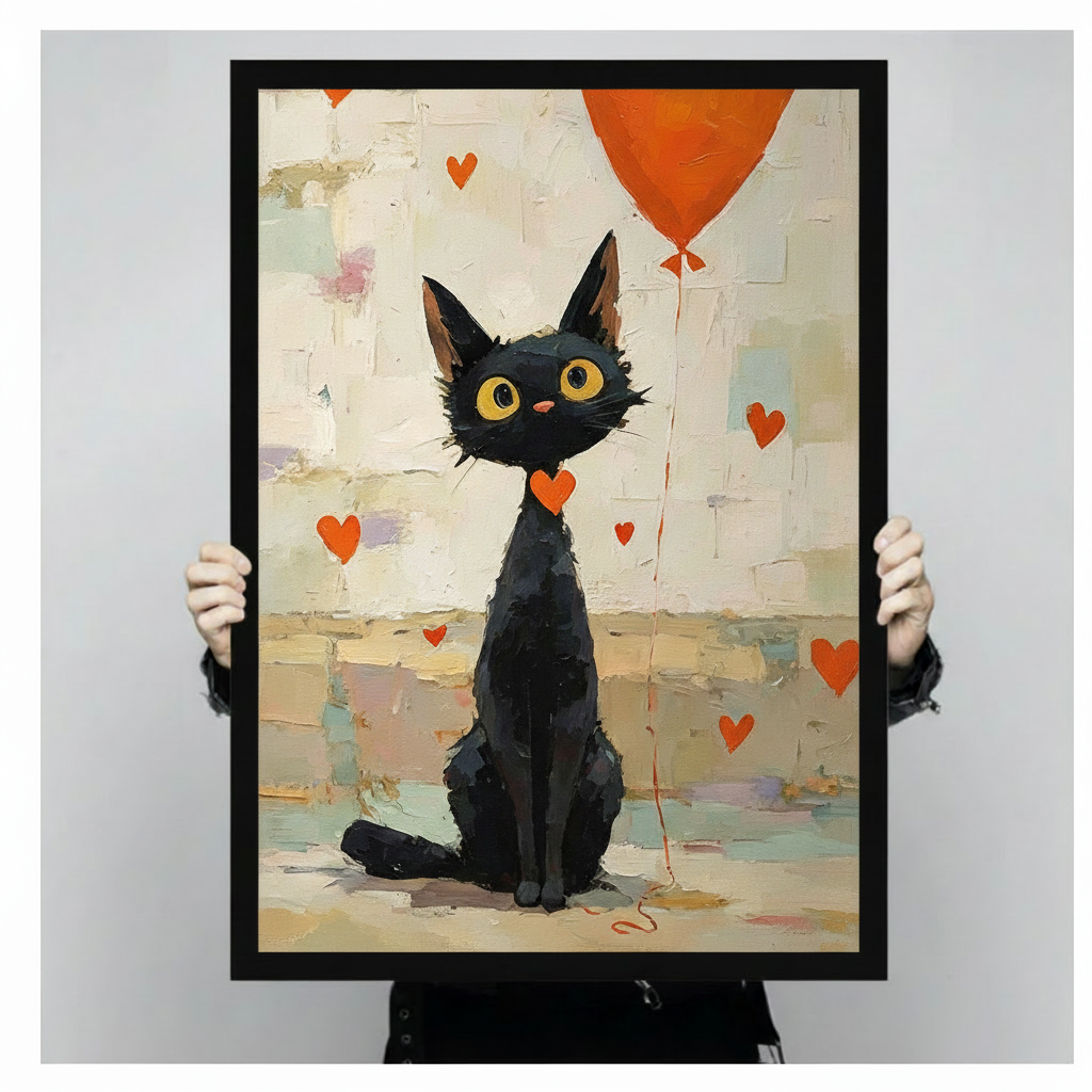 Black cat with orange balloon and red hearts wall art print in a black frame held up against a light grey backdrop, full front view of whimsical oil-texture style animal poster print