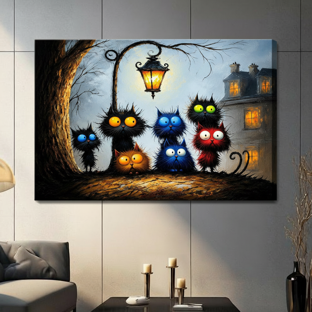 Frameless canvas print of quirky black cats with vivid blue, orange, green and red eyes under a glowing lantern, hung on a living room wall