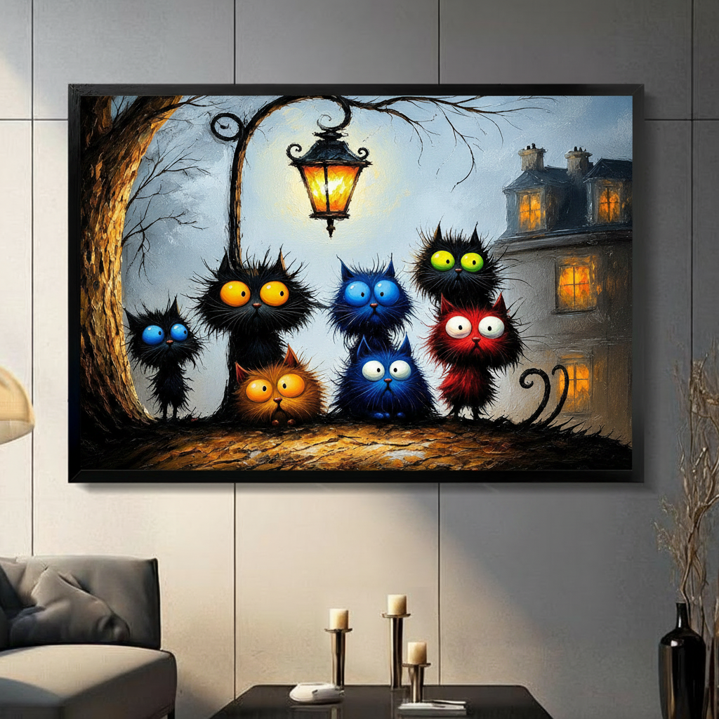 Framed canvas wall art featuring seven whimsical black cats with colorful glowing eyes gathered under a vintage street lantern, displayed in a modern living room