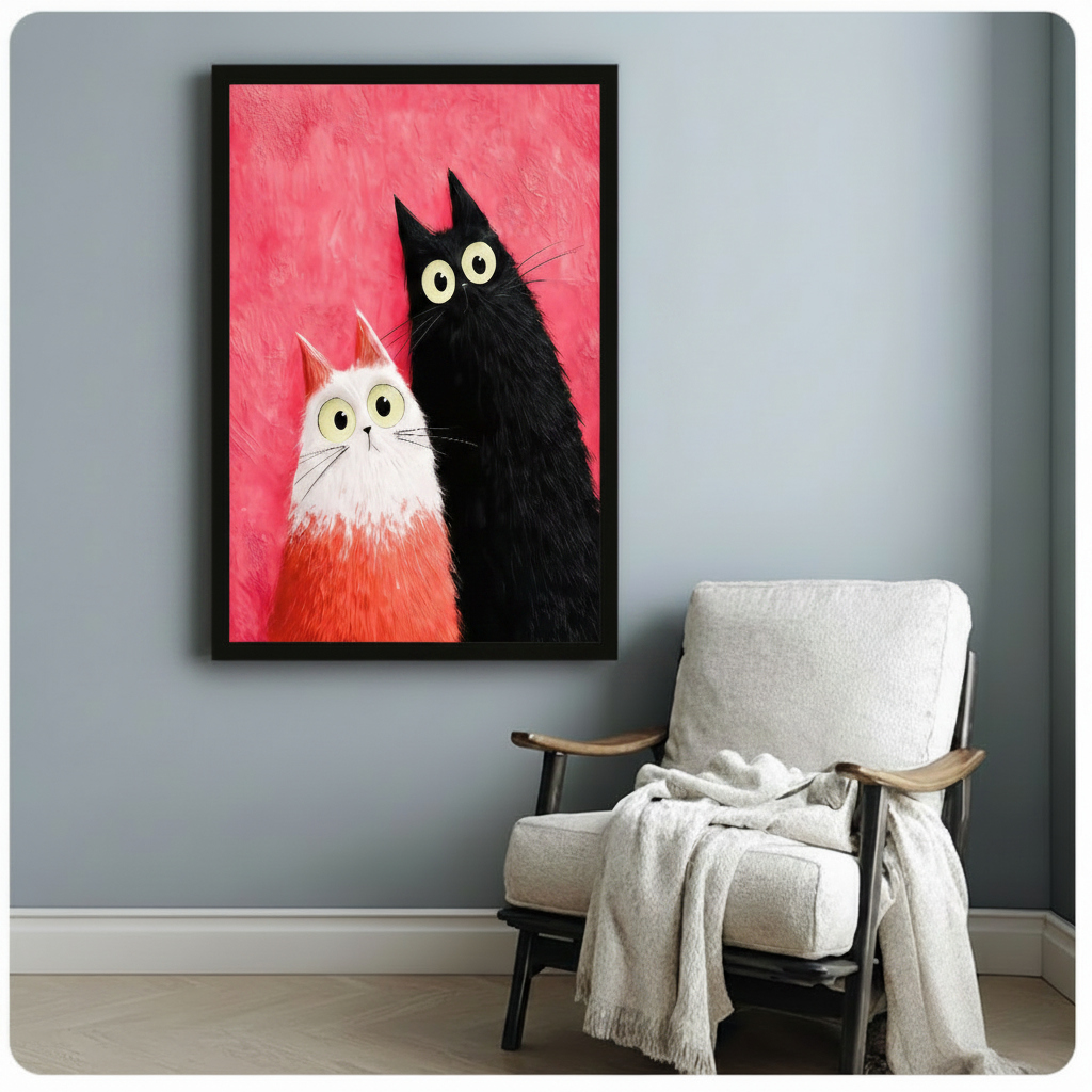 Black framed modern whimsical impasto oil painting small fluffy white cat with orange-tipped ears and tall slender black cat side by side both staring forward with oversized lime green eyes and bewildered expressions on bold magenta pink heavily textured background canvas print on pale blue-grey wall beside white wood arm lounge chair with draped cream linen throw - charming black white cat duo pink wall art for cozy reading nook decor
