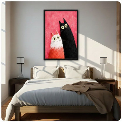 Framed modern whimsical impasto oil painting small fluffy white cat with orange-tipped ears and tall slender black cat side by side both staring forward with oversized lime green eyes and bewildered expressions on bold magenta pink heavily textured background canvas print above dark walnut bed with white linen duvet and caramel throw in sunlit minimalist bedroom with twin slim cylindrical table lamps - charming black white cat duo pink wall art for contemporary bedroom decor