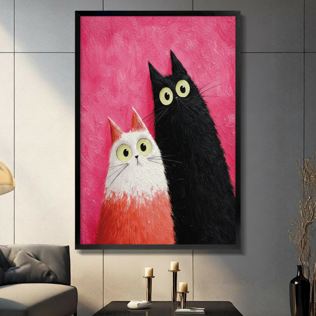 Framed modern whimsical impasto oil painting fluffy white and orange gradient cat beside tall black cat both with wide round yellow-green eyes and surprised expressions leaning together on vibrant hot pink textured brushstroke background canvas print on dark grey tile wall in modern living room with charcoal sofa and brass candlesticks - funny black white cat duo pink wall art for contemporary home decor