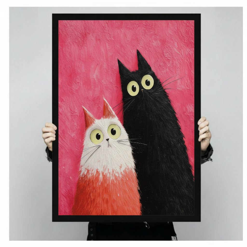 Person holding large framed modern whimsical impasto oil painting fluffy white and orange gradient cat beside tall black cat both with wide round yellow-green eyes and surprised expressions leaning together on vibrant hot pink textured brushstroke background canvas print with both hands against light grey background - close up size reference of funny black white cat duo pink wall art with black frame finish