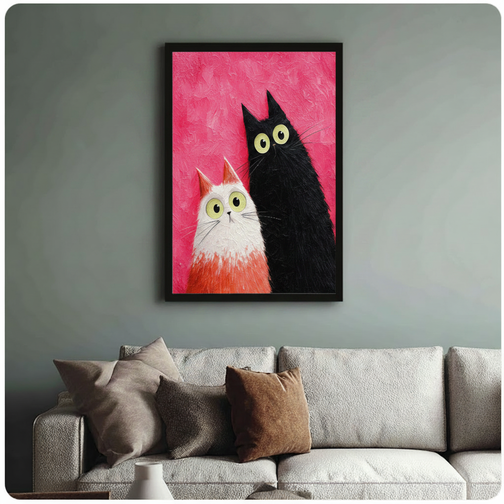 Framed modern whimsical impasto oil painting fluffy white and orange gradient cat beside tall black cat both with wide round yellow-green eyes and surprised expressions leaning together on vibrant hot pink textured brushstroke background canvas print on sage blue-grey wall above cream boucle sofa with mixed linen and caramel throw pillows - funny black white cat duo pink wall art for stylish eclectic living room decor