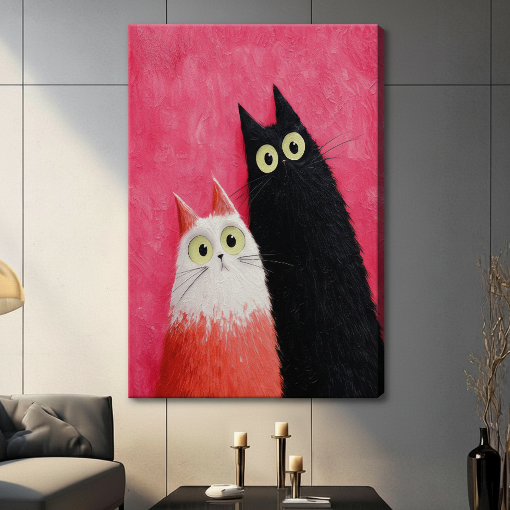 Unframed modern whimsical impasto oil painting small fluffy white cat with orange-tipped ears and tall slender black cat side by side both staring forward with oversized lime green eyes and bewildered expressions on bold magenta pink heavily textured background canvas print on dark grey tile wall in contemporary living room with charcoal sofa and pillar candles - charming black white cat duo pink wall art for modern interior decor
