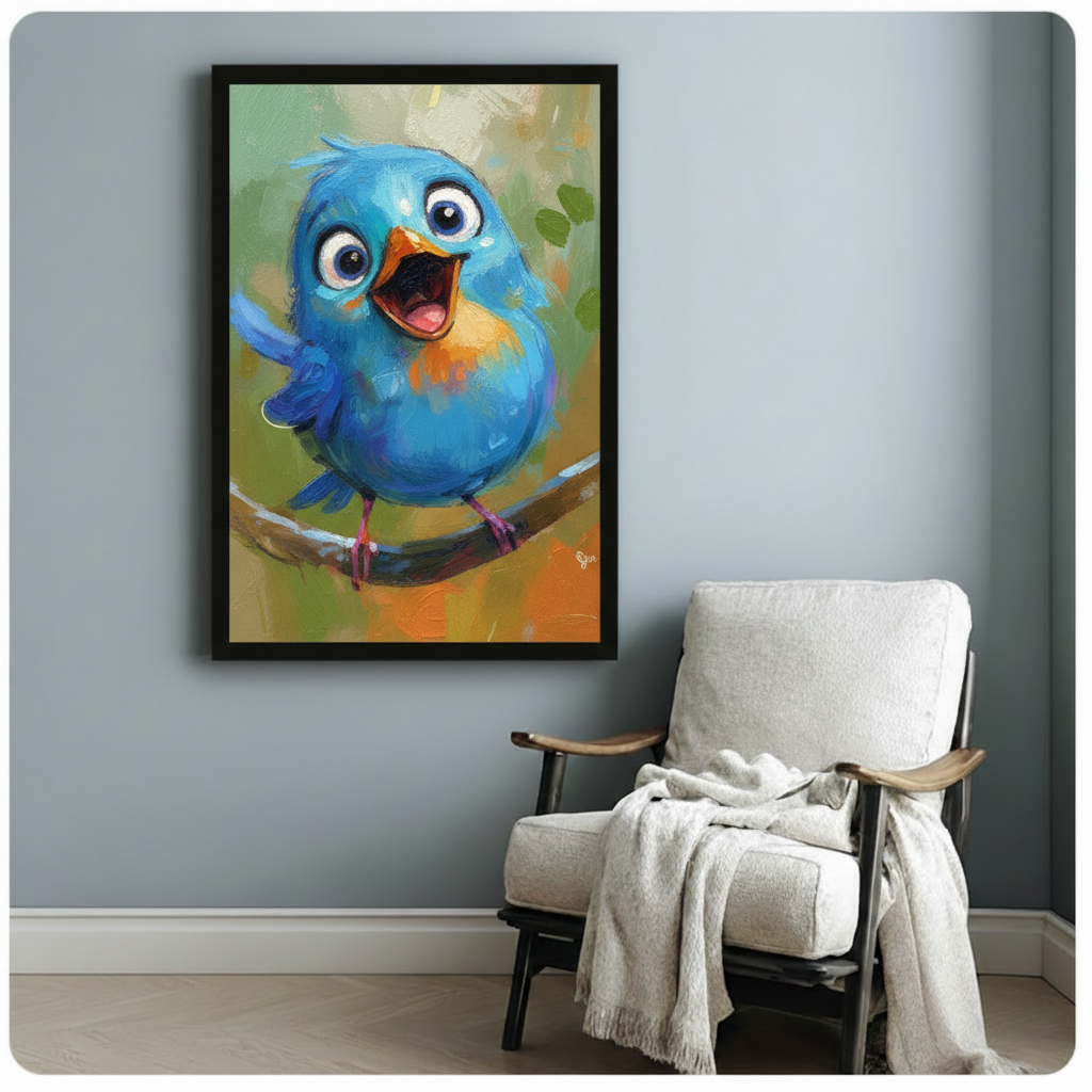 Cheerful blue bird on branch canvas art in black frame, hung on blue-grey wall beside white linen armchair in cozy Scandinavian-style room