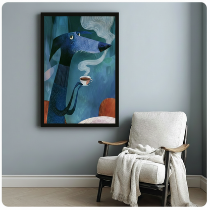 Framed whimsical blue dog with coffee cup painting on a blue-gray wall beside a linen armchair, unique animal art for home decor