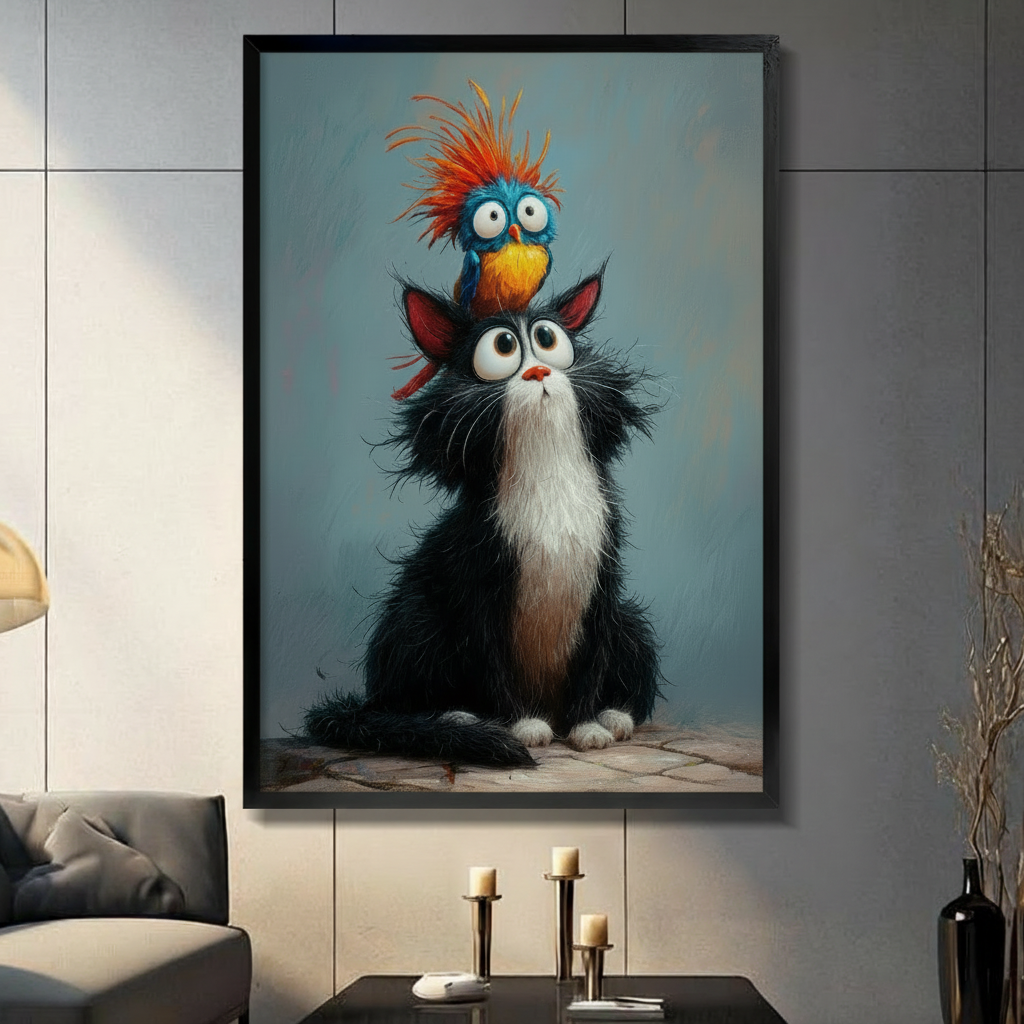 Whimsical black cat and colorful bird framed wall art displayed in a modern gray tiled living room