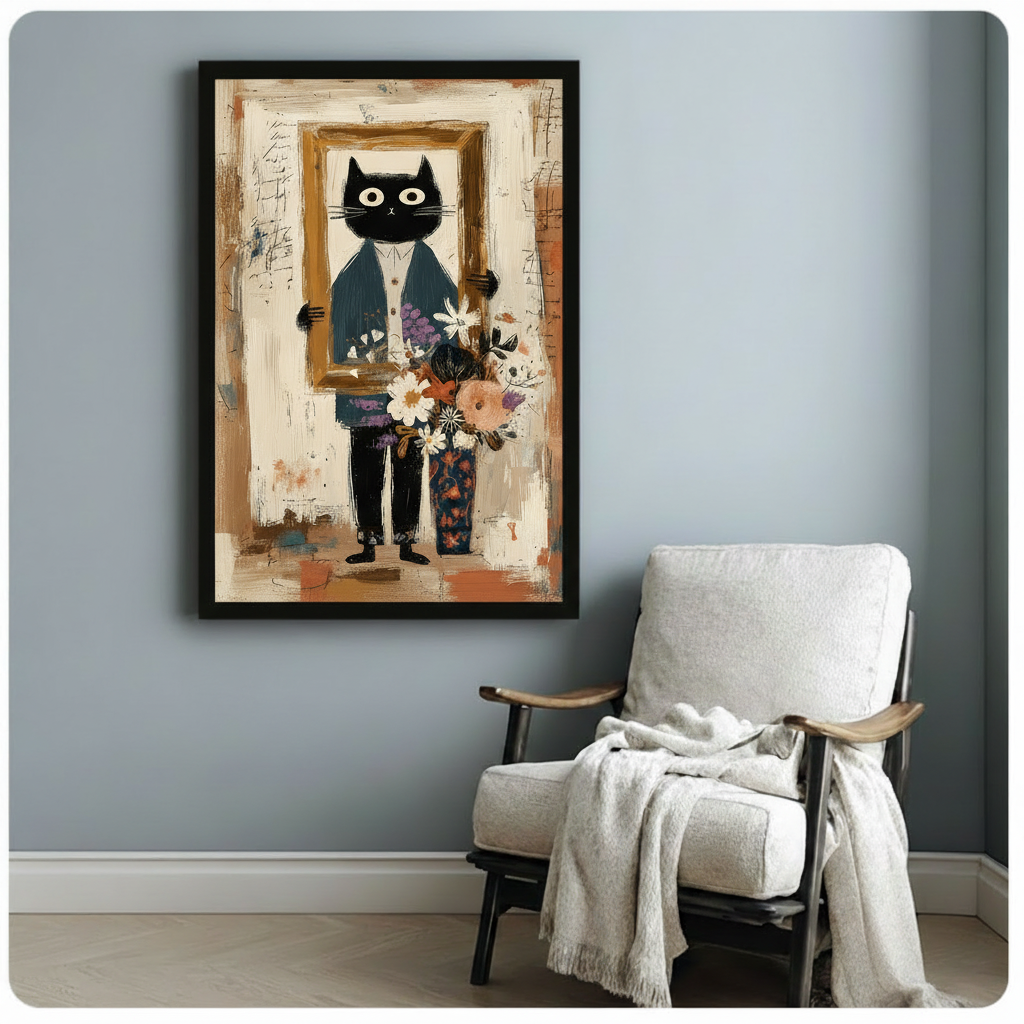 Black framed canvas of black cat gentleman with floral bouquet hung beside white armchair in cozy reading nook, abstract brushstroke oil painting decor