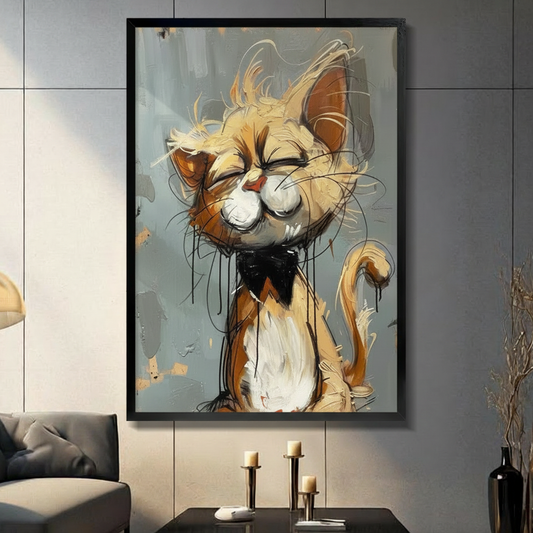 Whimsical orange cat with bow tie framed art print displayed on a dark living room wall above a console table with candles
