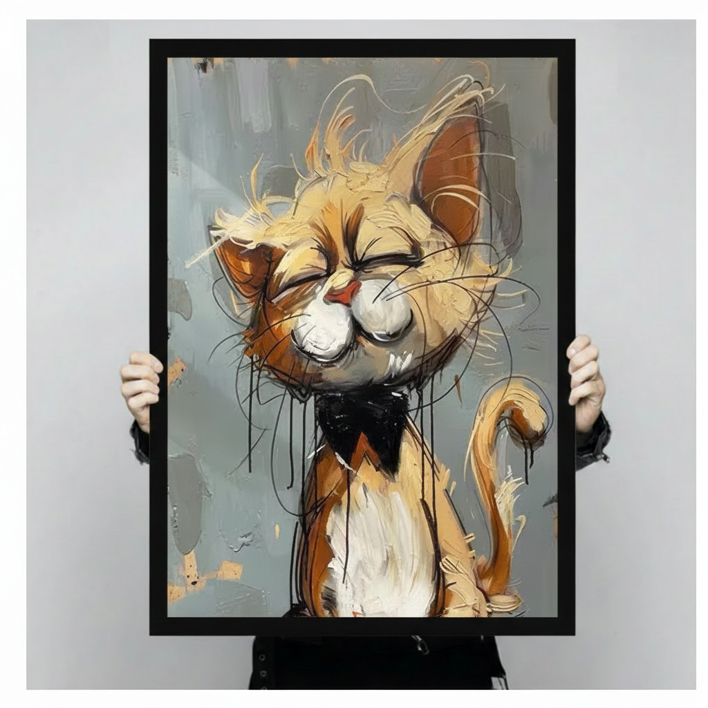  Person holding a large framed orange cat bow tie art print showing detailed brushstroke texture and black frame