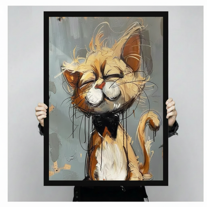  Person holding a large framed orange cat bow tie art print showing detailed brushstroke texture and black frame