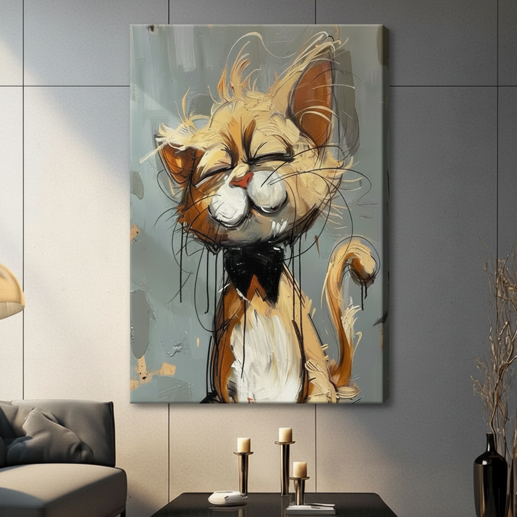 Expressive orange cat bow tie canvas wall art without frame hung in a modern living room with grey sofa
