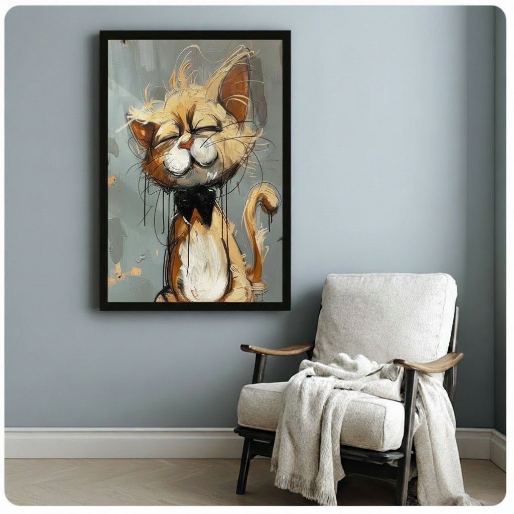 Funny cat with bow tie framed poster print on a light grey wall beside a white linen armchair
