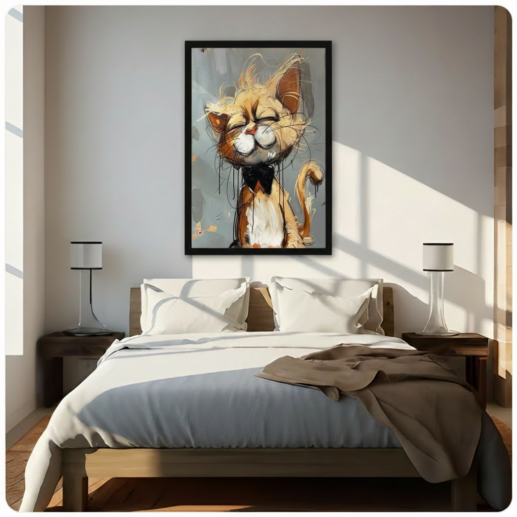Whimsical orange cat with bow tie wall art in black frame hung above a bed in a bright Scandinavian-style bedroom