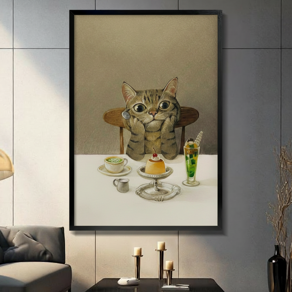 Whimsical tabby cat sitting at cafe table with matcha latte and pudding, framed canvas wall art in black frame hung on grey wall