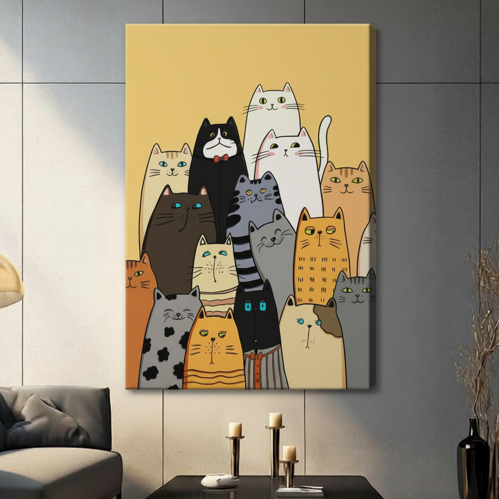 Unframed canvas wall art featuring a whimsical collection of cartoon cats on golden yellow background, hung in living room