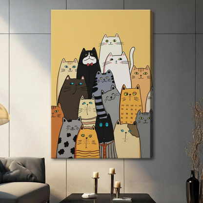 Unframed canvas wall art featuring a whimsical collection of cartoon cats on golden yellow background, hung in living room