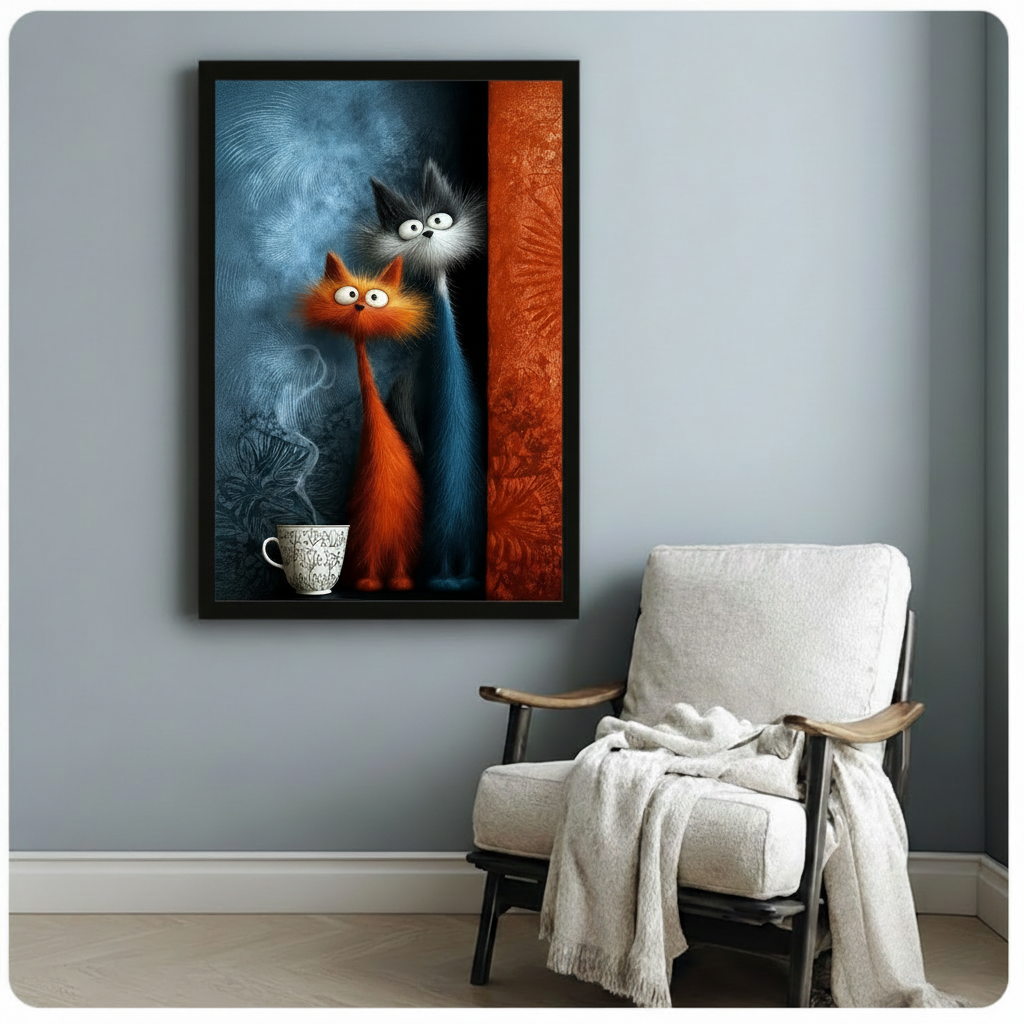 Framed whimsical cat couple canvas art featuring a fluffy orange cat and a tall grey cat beside a steaming cup, hung on a light blue-grey wall beside a cozy white linen armchair in a Scandinavian reading nook