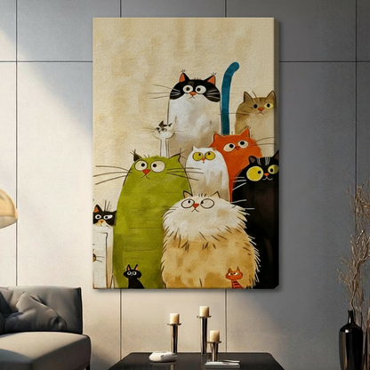 Playful cartoon painting of a chaotic gang of cats in vivid colors including a fluffy beige Persian with tiny glasses a rotund green cat a white yellow-eyed cat an orange cat a black cat with golden eyes and a towering black-and-white cat with a teal tail with tiny cats hiding in the corners on a warm aged cream background colorful whimsical cat family wall art stretched canvas in a living room with dark gray tiled panel wall dark sofa candle holders and black vase