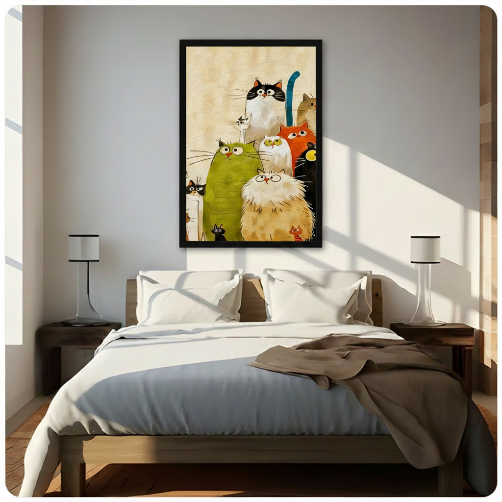 Charming whimsical cartoon illustration of a large group of cats with distinct personalities and vivid colors crowding into the frame including a big fluffy cream cat with round glasses a green cat an orange cat a black cat a white cat a tall tuxedo cat with a blue upright tail and a tabby peeking from the upper right corner on a warm cream vintage linen background funny colorful cat wall art framed print above a bedroom with white linen bedding dark wood bed frame white thin-stem table lamps and dark wood 