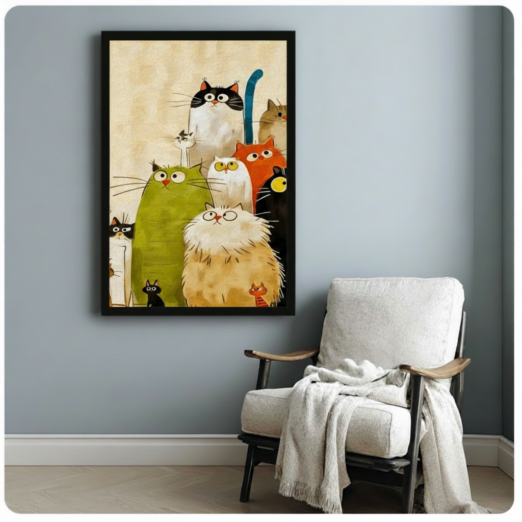 Fun cartoon illustration of a crowd of mismatched cats with big expressive eyes huddling together including a large fluffy cream cat with glasses a fat green cat a white cat an orange-red cat a sleek black cat and a tall black-and-white cat with a distinctive blue upright tail with small cats peeking from behind on a warm cream textured background funny cat gang wall art framed print beside a white linen folding armchair with wood arms and a white throw blanket on a blue gray wall