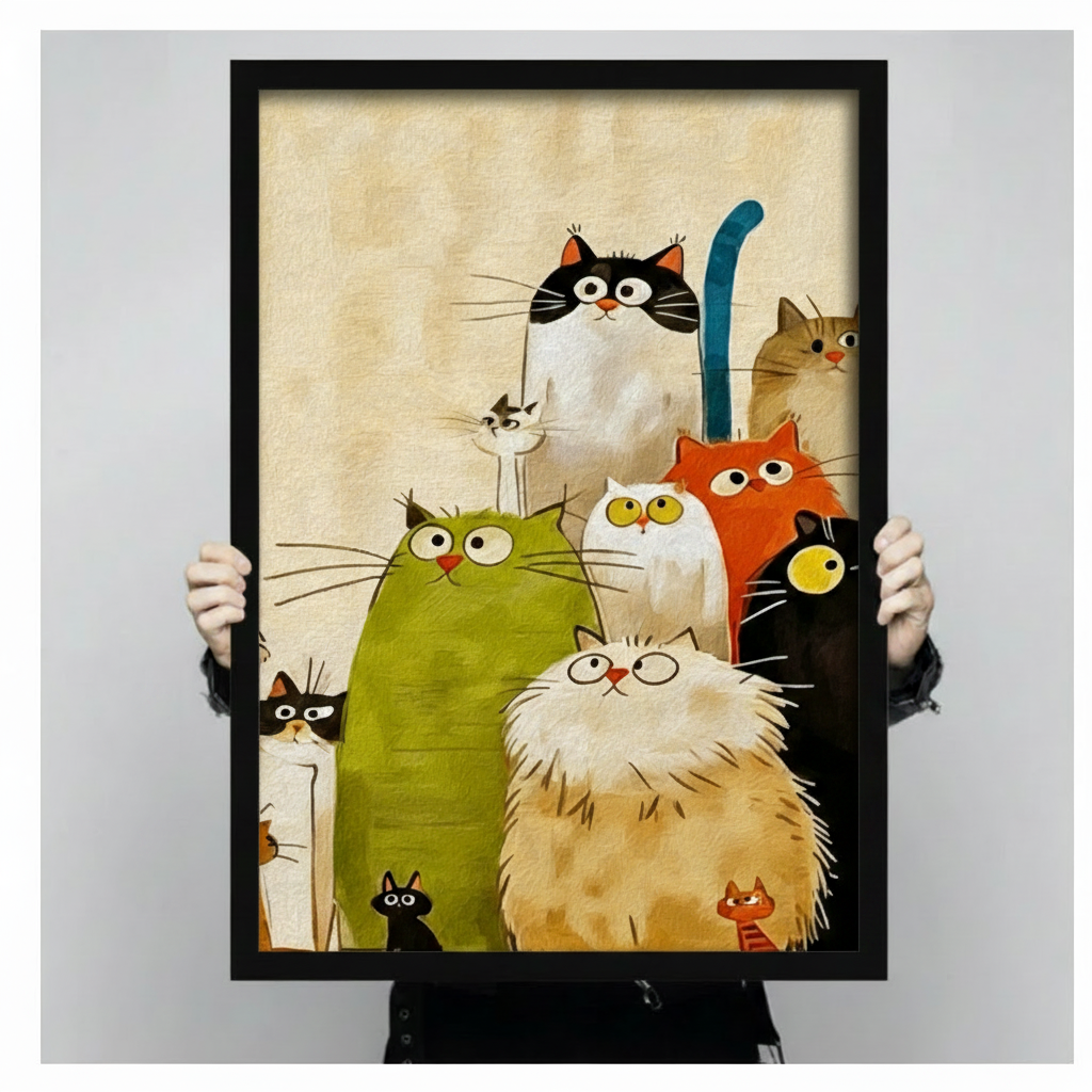 Colorful whimsical painting of more than ten cartoon cats of all shapes and personalities squished together in a group portrait with a fluffy bespectacled cream Persian front and center surrounded by a chubby green cat orange cat black cat white cat and a tall black-and-white cat with a blue vertical tail plus tiny cats sneaking in at the edges on a warm vintage cream background funny cat crowd wall art framed print held against a light gray background