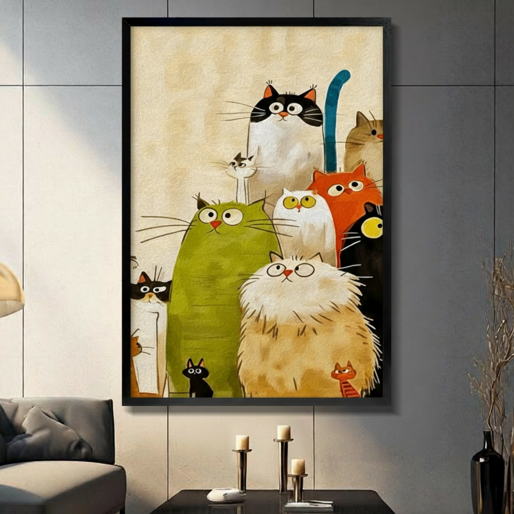 Whimsical cartoon illustration of over ten quirky cats crowded together in a lively group portrait featuring a large fluffy cream Persian cat with round glasses a chubby olive green cat with wide eyes a white cat an orange-red cat a black cat and a tall black-and-white cat with a blue upright tail plus smaller cats peeking from the edges on a warm cream vintage linen background funny cat crowd wall art framed print in a living room with dark gray tiled panel wall dark sofa candle holders and black vase