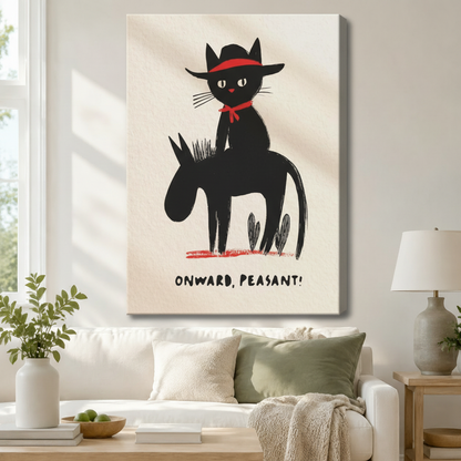 Stretched canvas wall art of a whimsical black cowboy cat riding a donkey with red hat and neckerchief on a cream background above a white sofa with sage green cushions, potted greenery, a ceramic table lamp, and a wooden side table in a bright living room