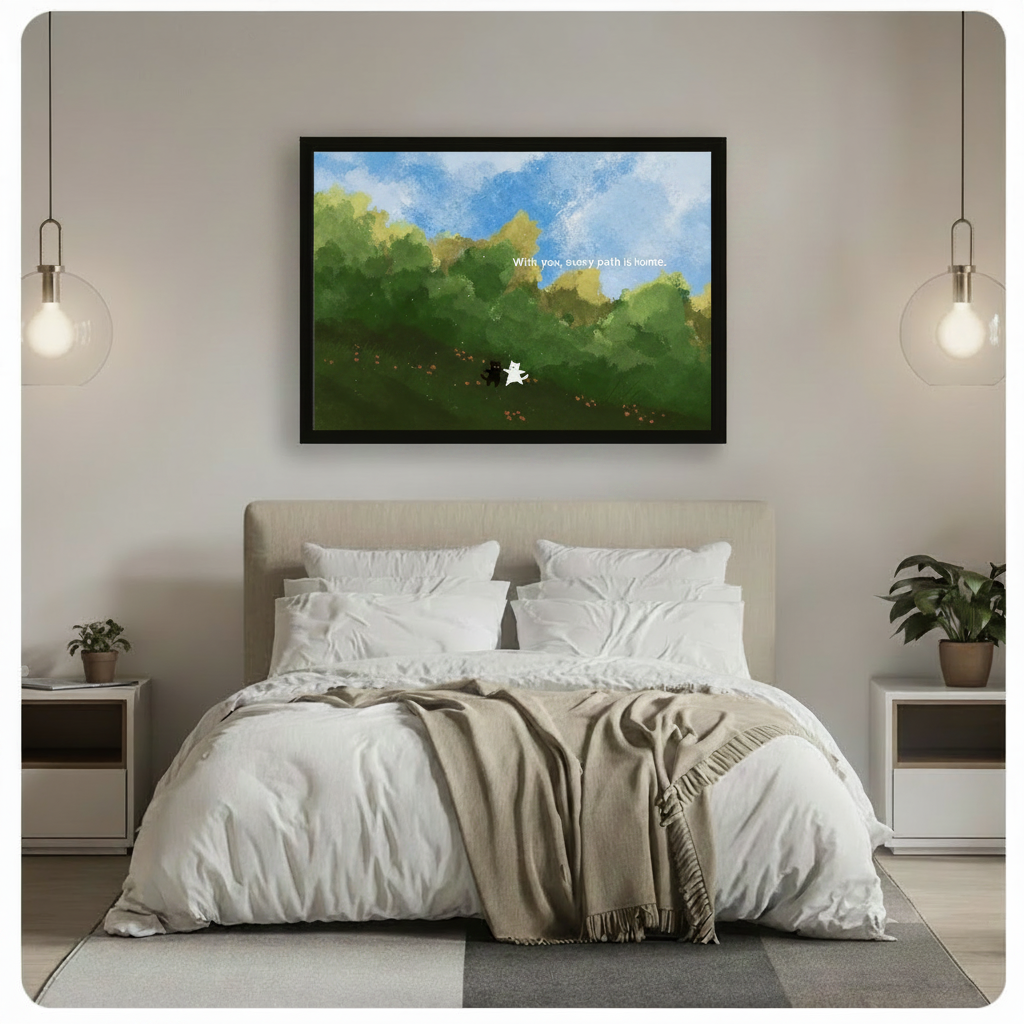 Black framed whimsical cat duo watercolor landscape art above a bed with white linen bedding, a taupe throw blanket, white nightstands, potted plants, and globe pendant lights in a modern bedroom