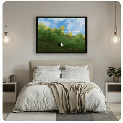 Black framed whimsical cat duo watercolor landscape art above a bed with white linen bedding, a taupe throw blanket, white nightstands, potted plants, and globe pendant lights in a modern bedroom