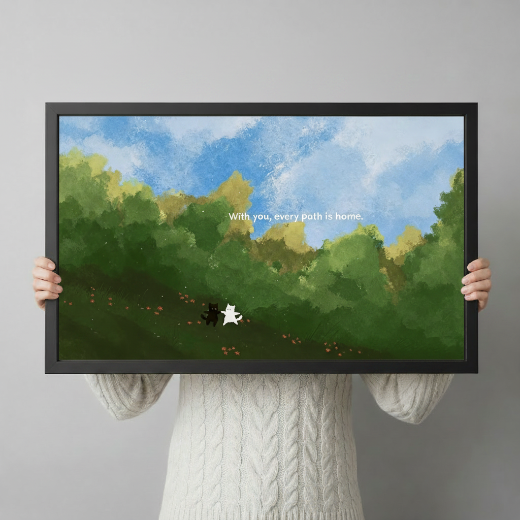 Person holding a black framed whimsical black and white cat duo art print with green meadow and blue sky quote "With you every path is home" against a light gray backdrop