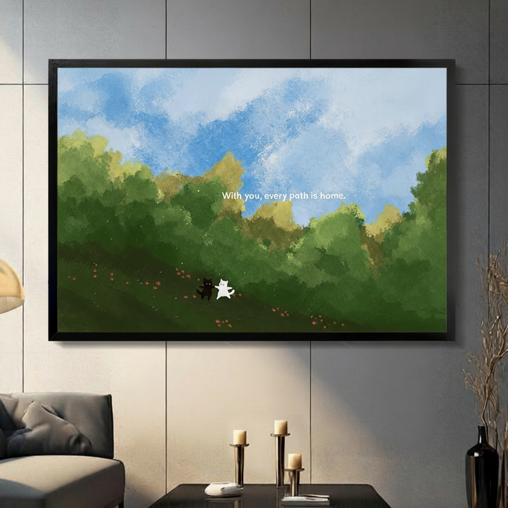 Whimsical black and white cat duo "With you every path is home" black framed canvas art in lush green landscape above a dark console table with candle holders in a modern living room