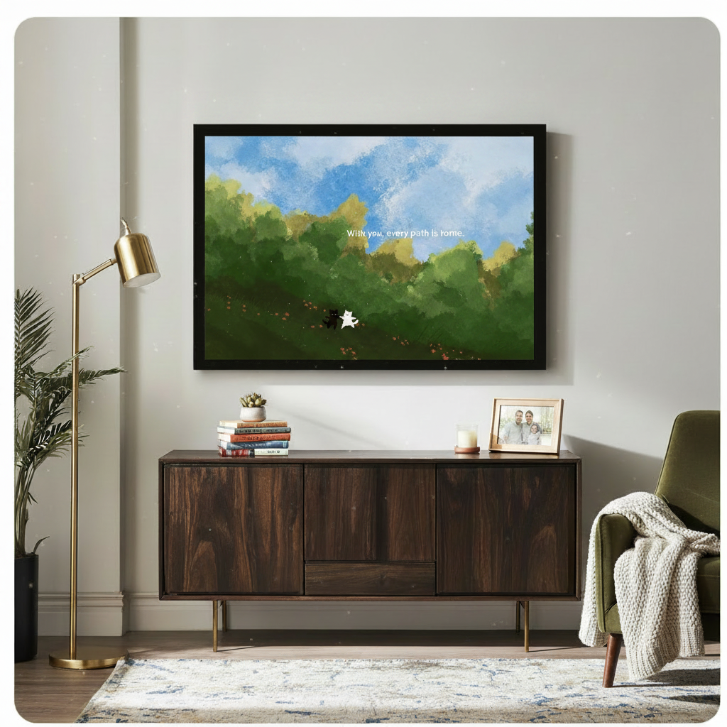 Black framed whimsical cat duo watercolor landscape print above a dark walnut sideboard with stacked books and a succulent, beside a gold floor lamp and olive green armchair in a modern living room