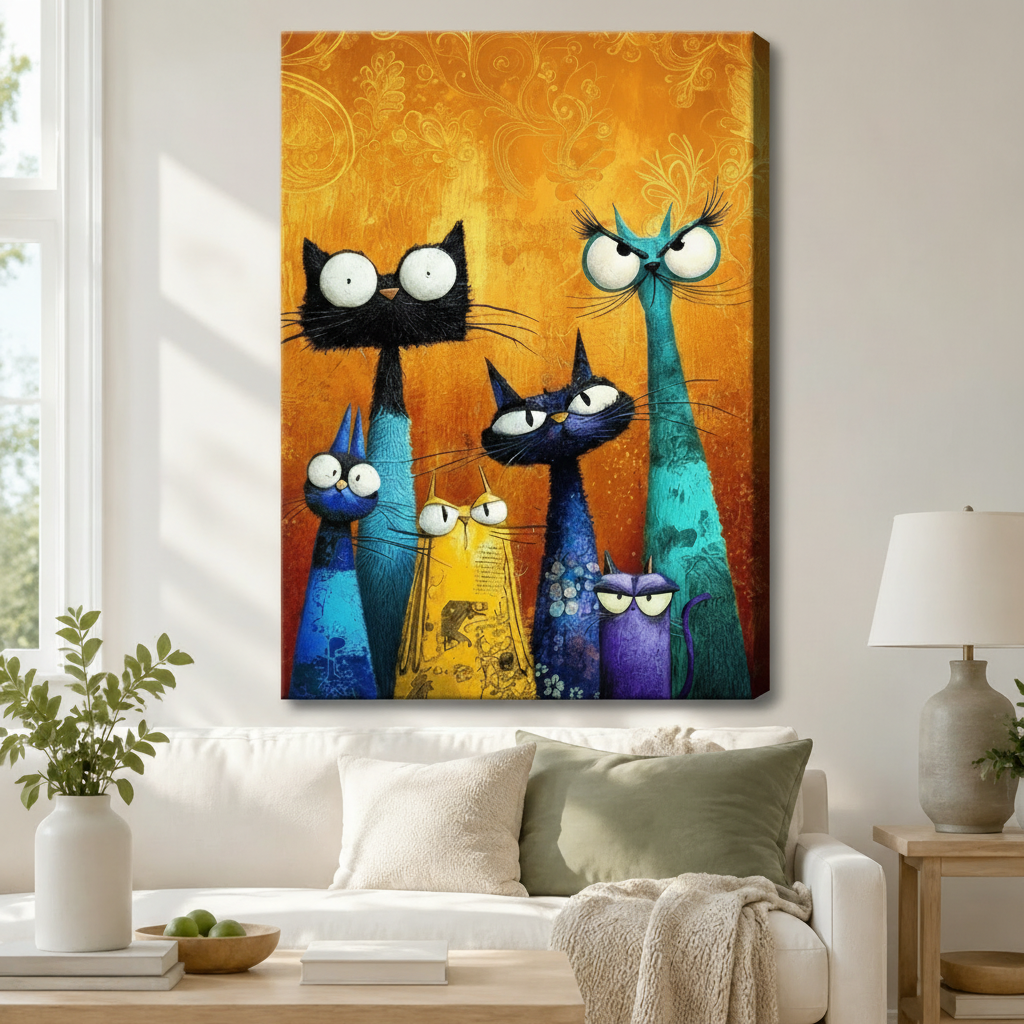 Stretched canvas whimsical colorful cat family wall art featuring five expressive cartoon cats in black teal cobalt blue golden yellow and purple with wide cartoon eyes and dramatic whiskers painted in thick impasto strokes on a glowing amber and orange floral background, hung above a white sofa with sage green pillows in a bright living room